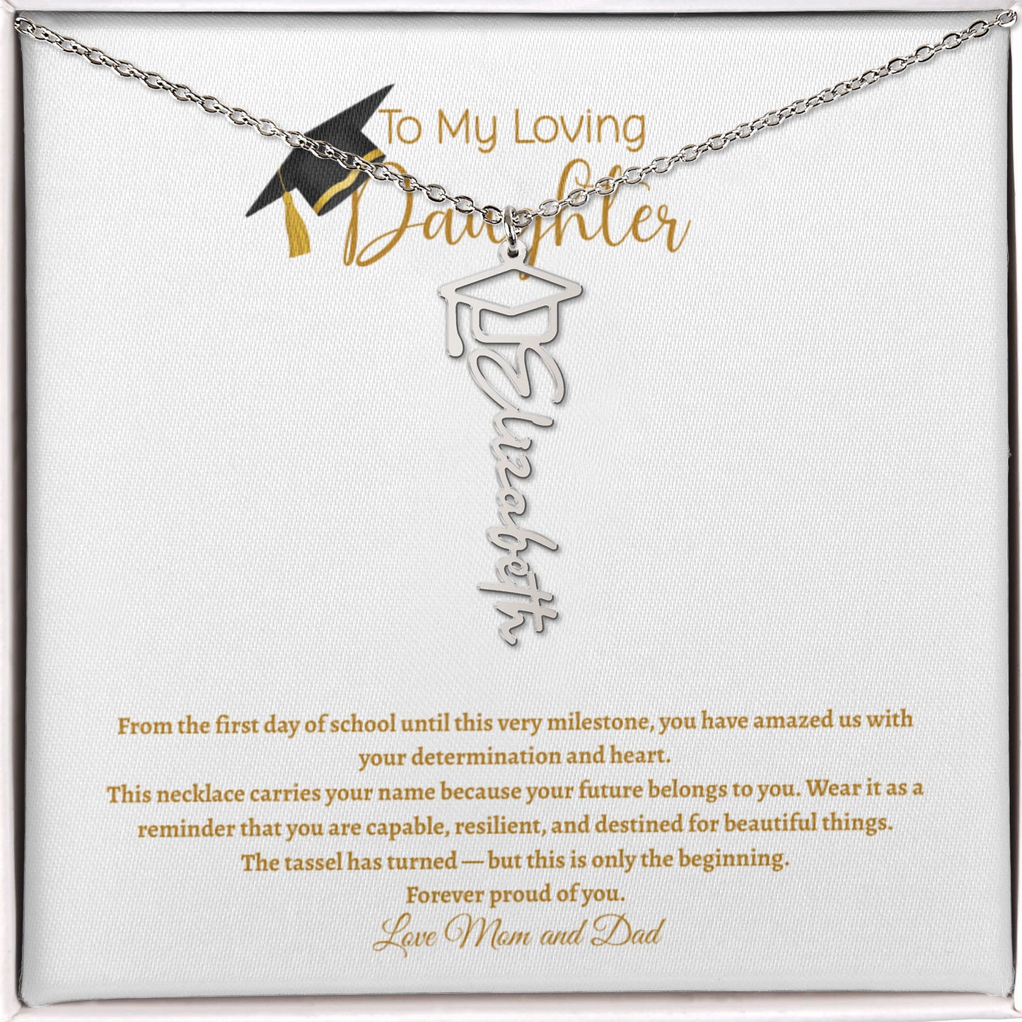 Personalized graduation name necklace with graduation cap pendant in gold, custom script name jewelry gift for daughter or senior class of 2026 graduation keepsake