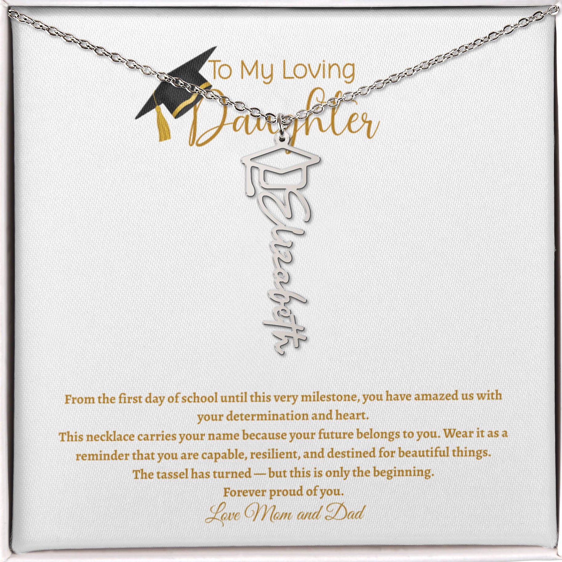 Personalized graduation name necklace with graduation cap pendant in gold, custom script name jewelry gift for daughter or senior class of 2026 graduation keepsake
