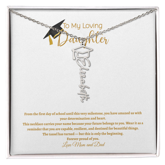 Personalized graduation name necklace with graduation cap pendant in gold, custom script name jewelry gift for daughter or senior class of 2026 graduation keepsake