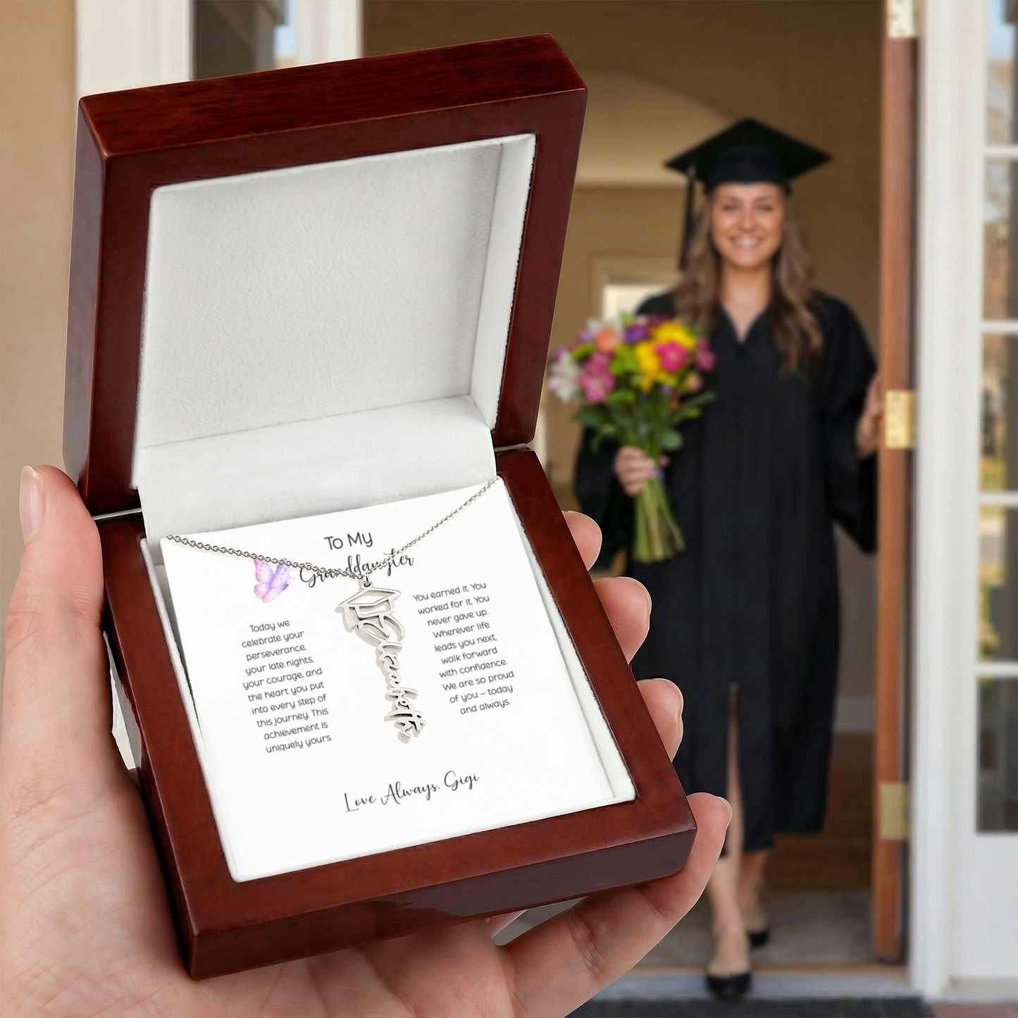 Personalized Graduation Name Necklace with Cap – Custom Script Graduate Gift Granddaughter