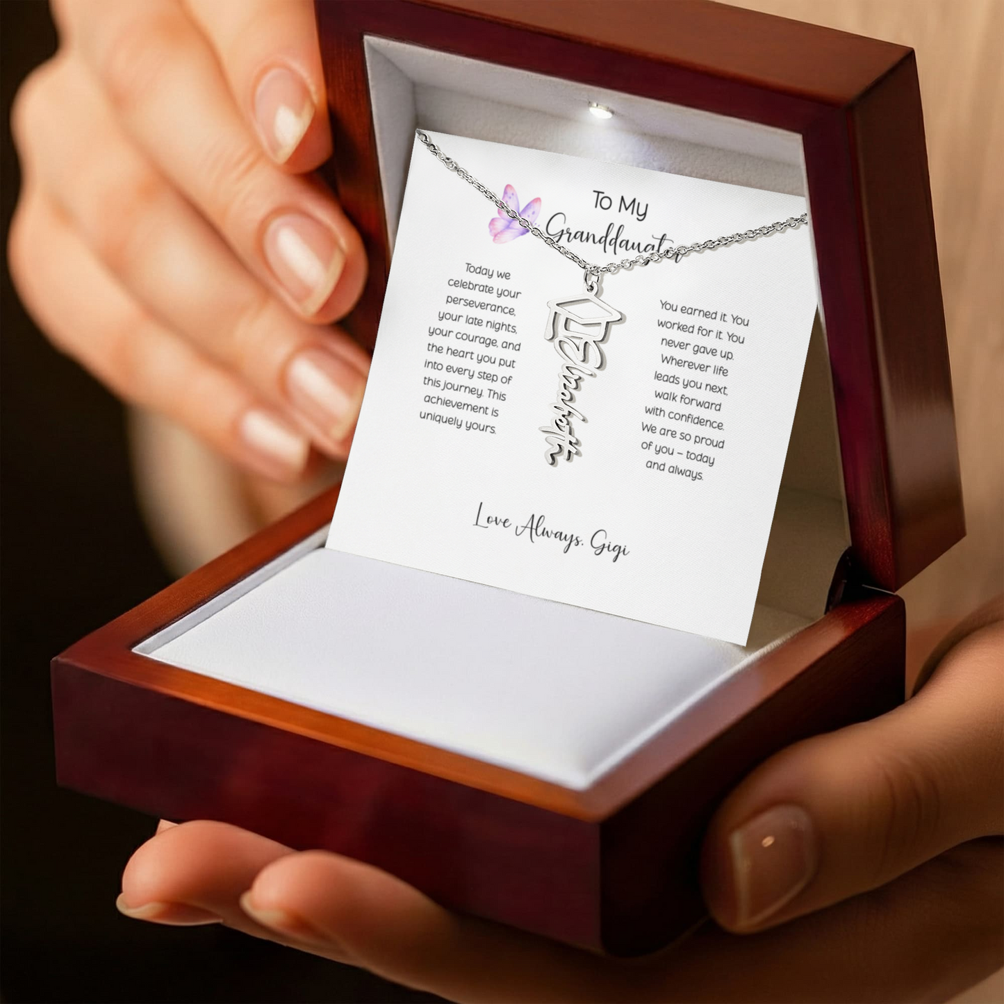 Personalized Graduation Name Necklace with Cap – Custom Script Graduate Gift Granddaughter