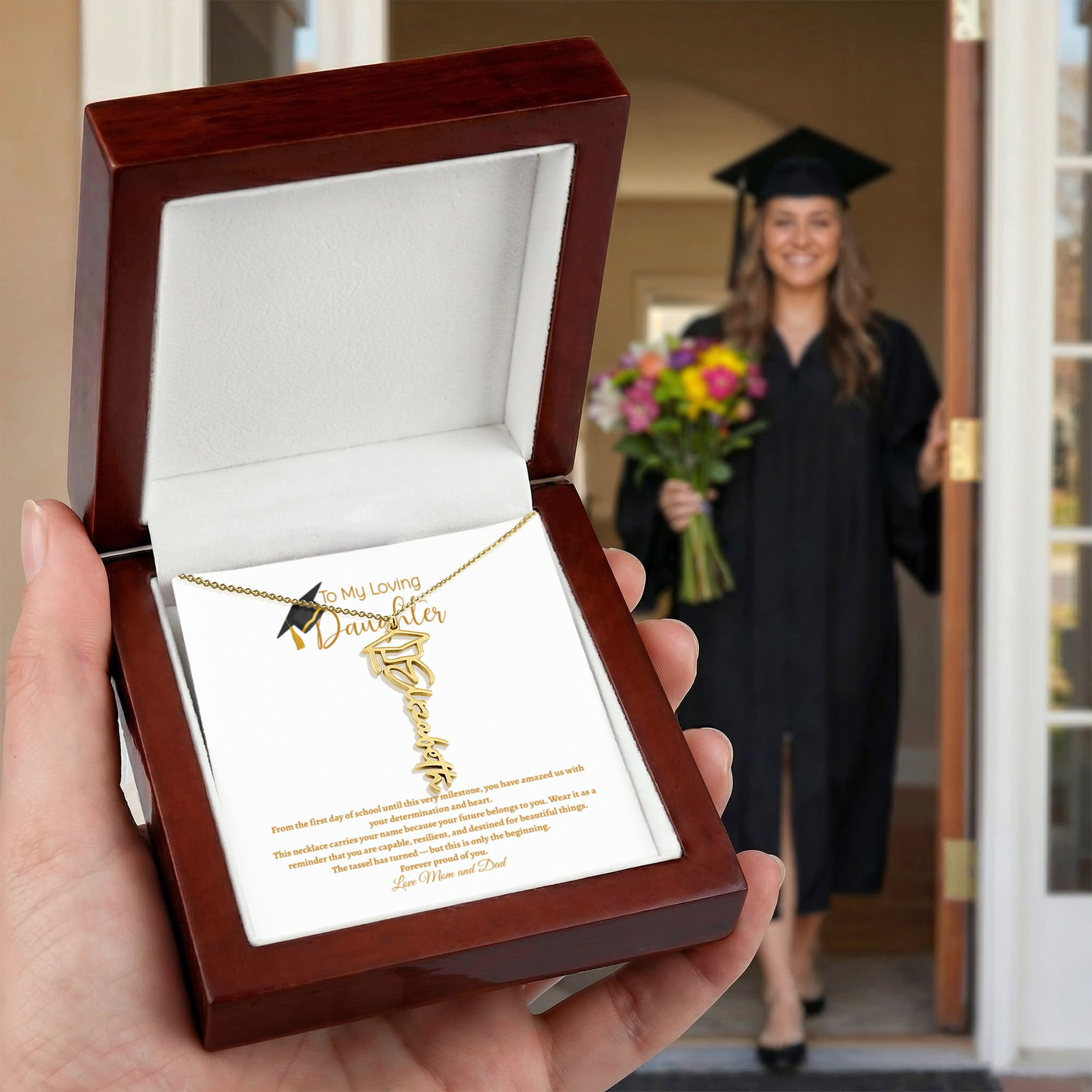 Personalized Graduation Name Necklace with Cap – Custom Name Jewelry Gift for Daughter, Senior Graduation Keepsake
