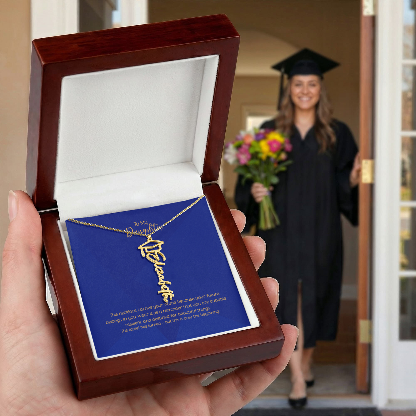 Personalized Graduation Name Necklace for Daughter – Custom Script Senior Gift with Cap Charm | Class of 2026 Jewelry
