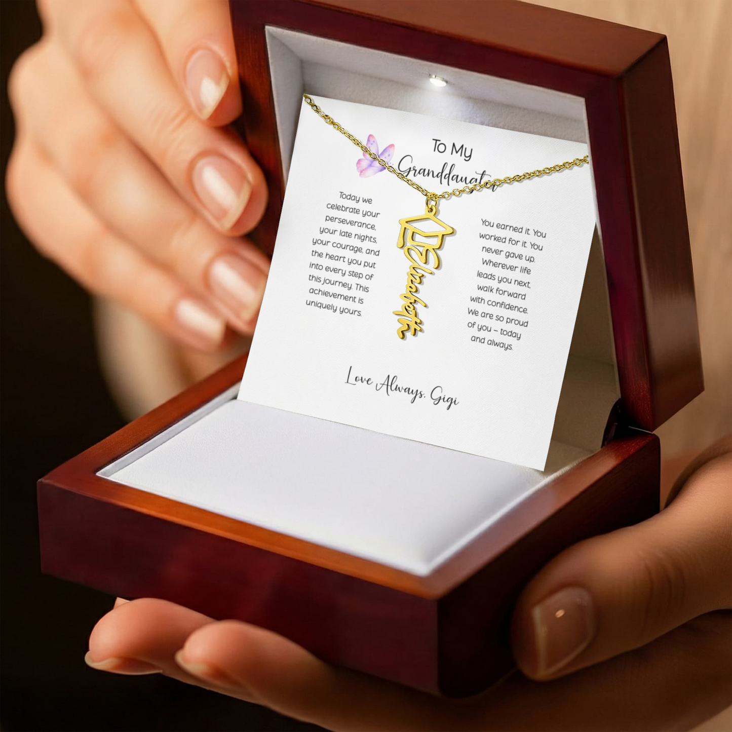 Personalized Graduation Name Necklace with Cap – Custom Script Graduate Gift Granddaughter