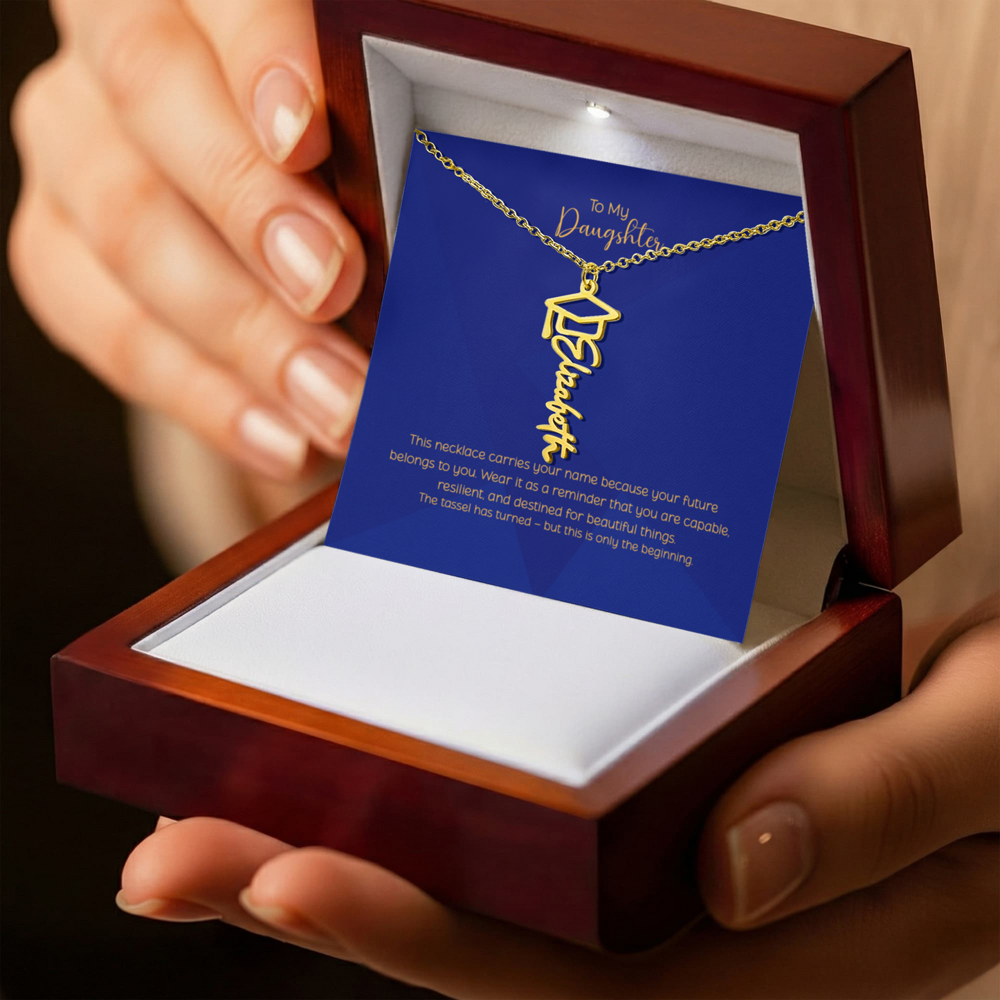 Personalized Graduation Name Necklace for Daughter – Custom Script Senior Gift with Cap Charm | Class of 2026 Jewelry