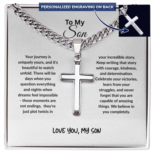Personalized Cross Necklace with Cuban Link Chain - 18K Gold Plated Christian Cross Pendant - Faith Gift for Son