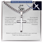 Personalized stainless steel cross pendant on Cuban link chain in white gift box labeled "To My Son" with heartfelt message card - Custom engraved religious jewelry gift for son from parents