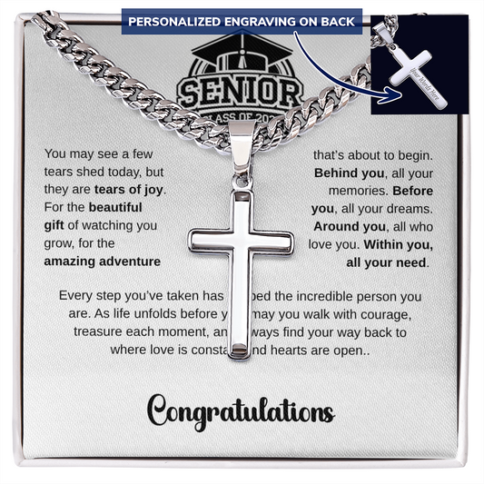 Senior Class of 2026 graduation design with bold black and white typography featuring a graduation cap and personalized cross Cuban link chain necklace gift design for graduates