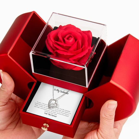 “Forever Love Necklace displayed in a red heart-shaped gift box with an everlasting rose inside a clear acrylic case – romantic jewelry gift for her.”