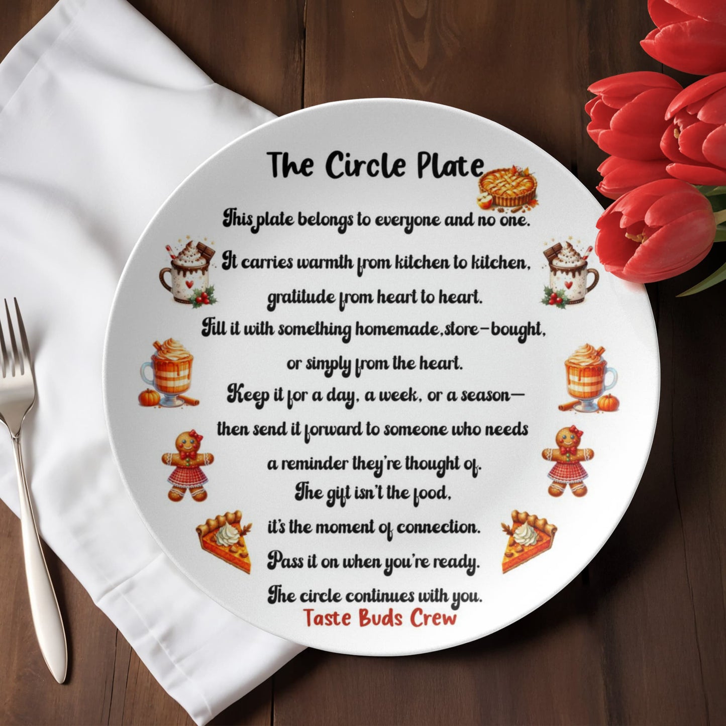Personalized 10-inch Circle Plate with friendship poem and festive food illustrations – heartfelt gift for friends and family, microwave and dishwasher safe