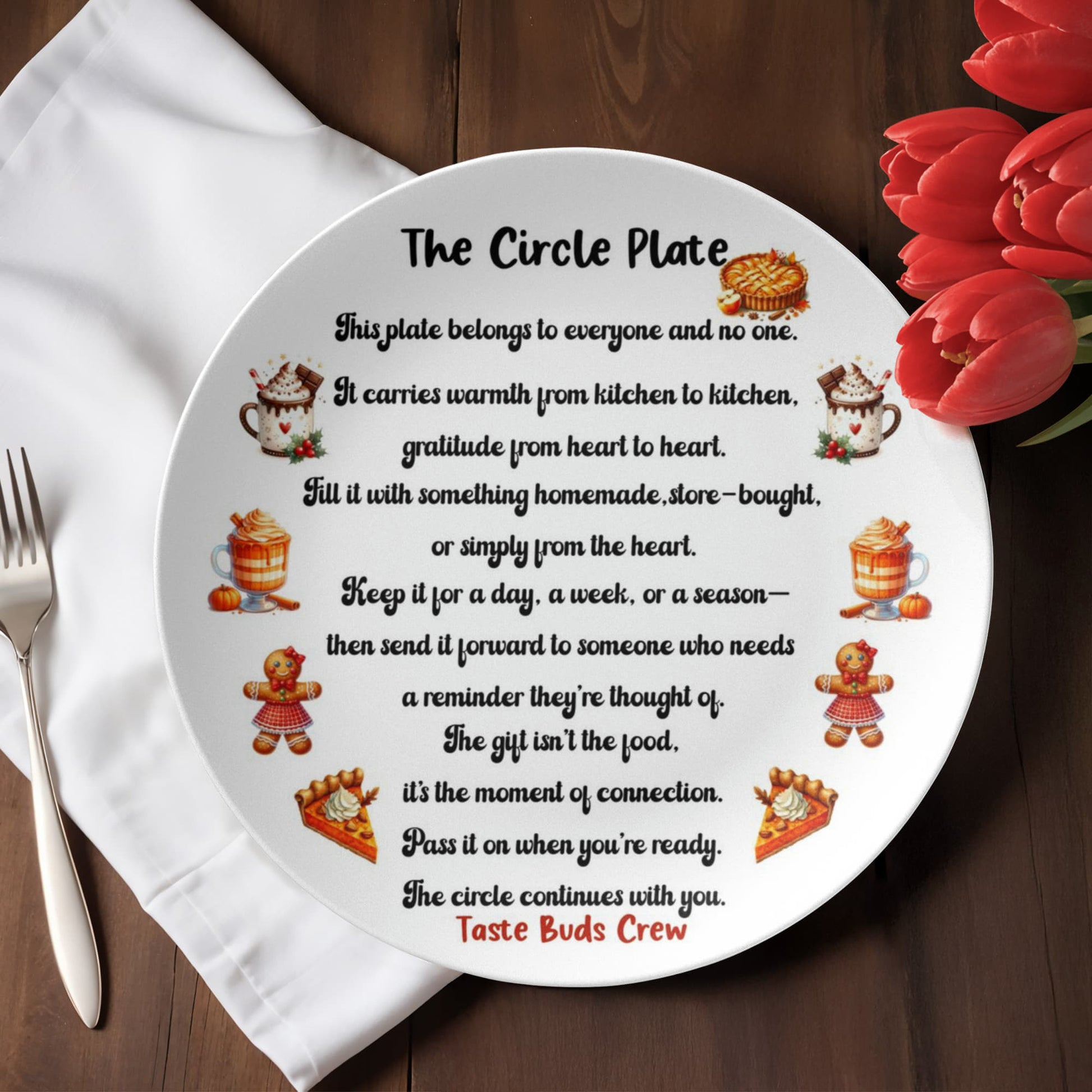 Personalized 10-inch Circle Plate with friendship poem and festive food illustrations – heartfelt gift for friends and family, microwave and dishwasher safe