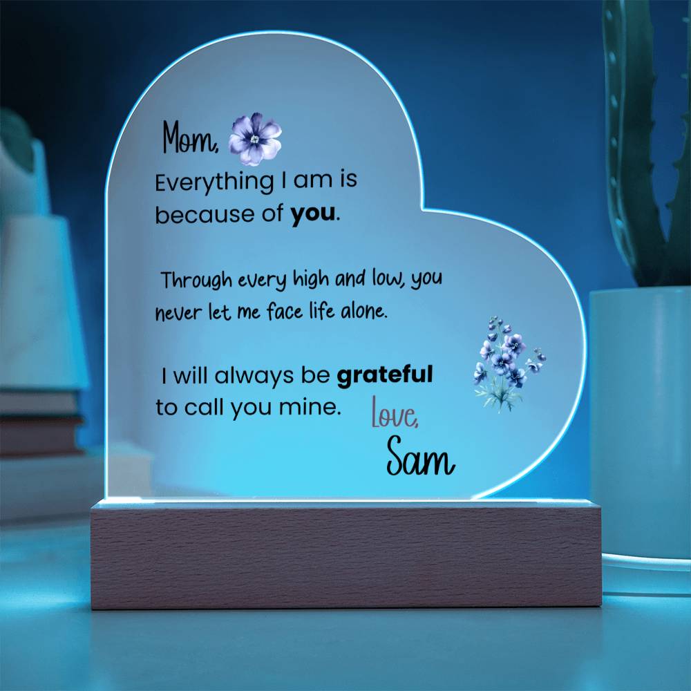 Personalized acrylic heart plaque for mom with LED light base, sentimental message gift for mother from daughter or son, Mother’s Day keepsake decor