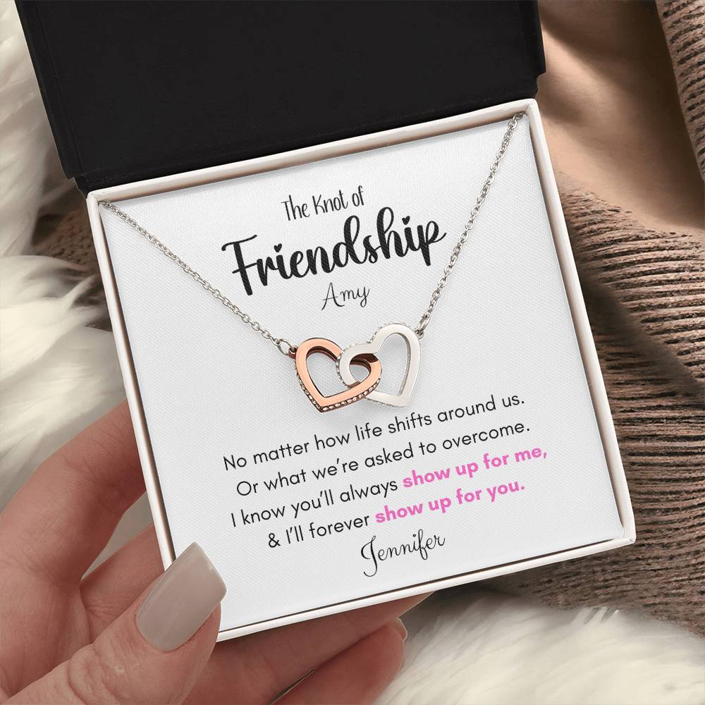 Friendship Gift-Interlocking Hearts Necklace , Rose Gold
