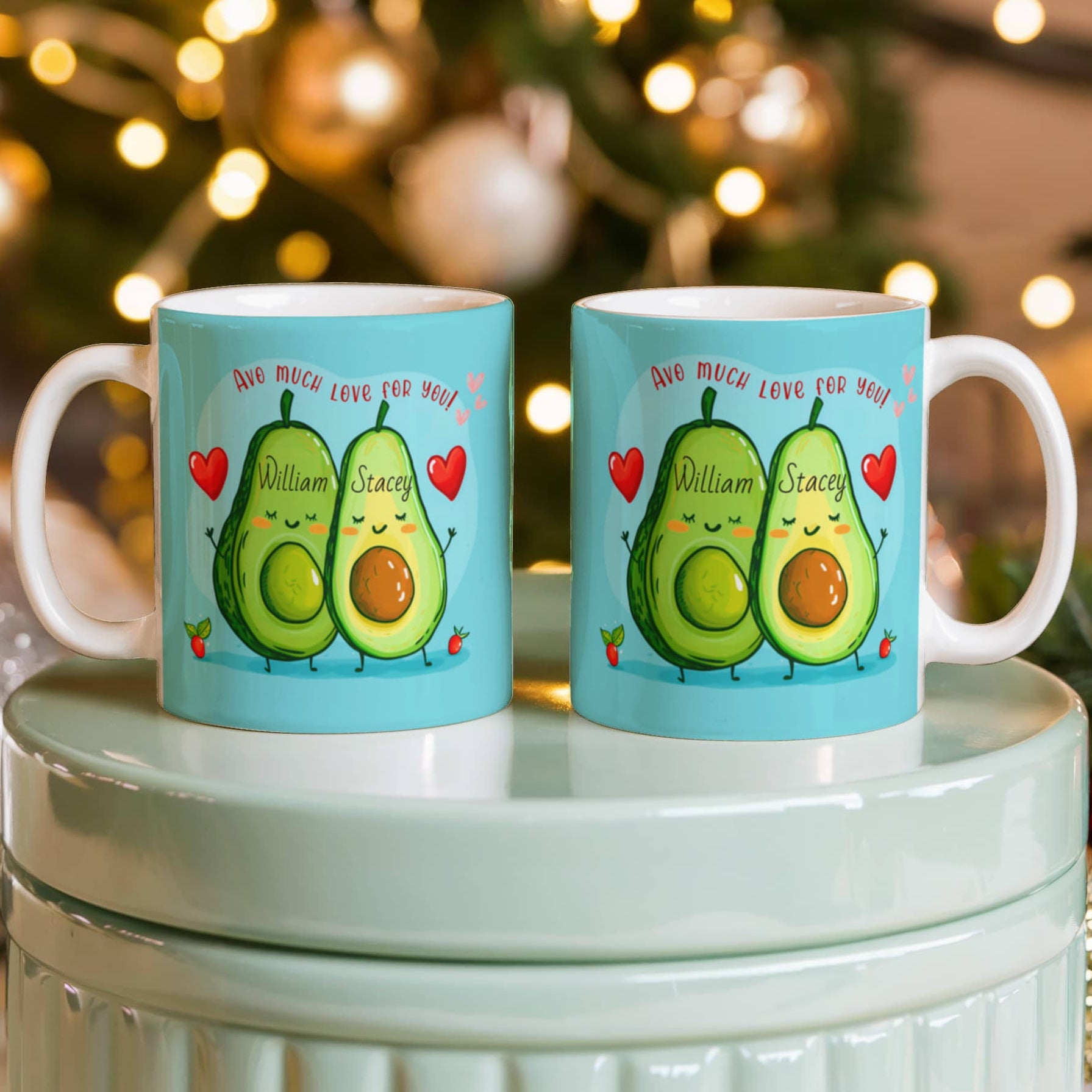Personalized avocado couple ceramic coffee mugs with custom names, cute love design, dishwasher safe gift for couples