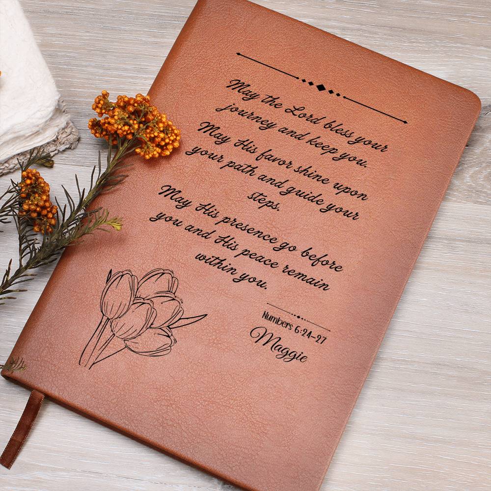 Personalized Christian Leather Journal Tulips– Numbers 6:24-27 Blessing Notebook | Graduation Gift, Birthday Gift, Faith Journal, Vegan Leather Journal