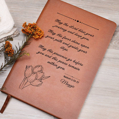 Personalized Christian Leather Journal Tulips– Numbers 6:24-27 Blessing Notebook | Graduation Gift, Birthday Gift, Faith Journal, Vegan Leather Journal
