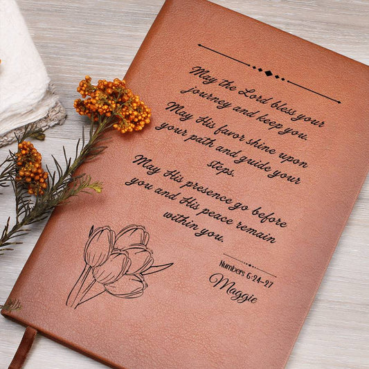 Personalized Christian Leather Journal Tulips– Numbers 6:24-27 Blessing Notebook | Graduation Gift, Birthday Gift, Faith Journal, Vegan Leather Journal