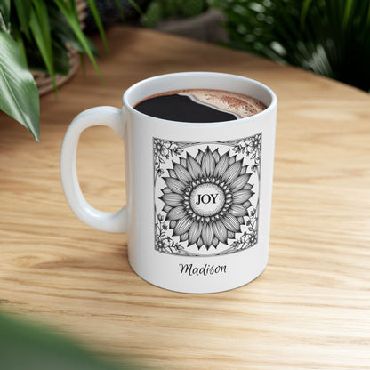 Personalized Joy Mug – Custom Name Floral Coffee Cup, Sunflower Line Art Ceramic Mug, 11oz&nbsp;