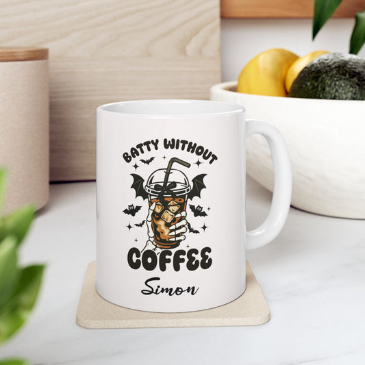"Batty Without Coffee personalized Halloween mug with bats and iced coffee design, customizable with name"