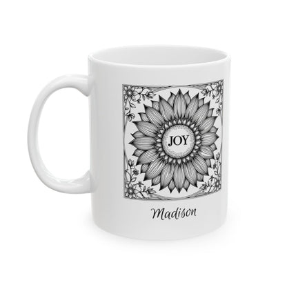 Personalized Joy Mug – Custom Name Floral Coffee Cup, Sunflower Line Art Ceramic Mug, 11oz&nbsp;