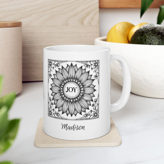 Personalized Joy ceramic coffee mug with sunflower floral line art and custom name, white ceramic mug for coffee or tea