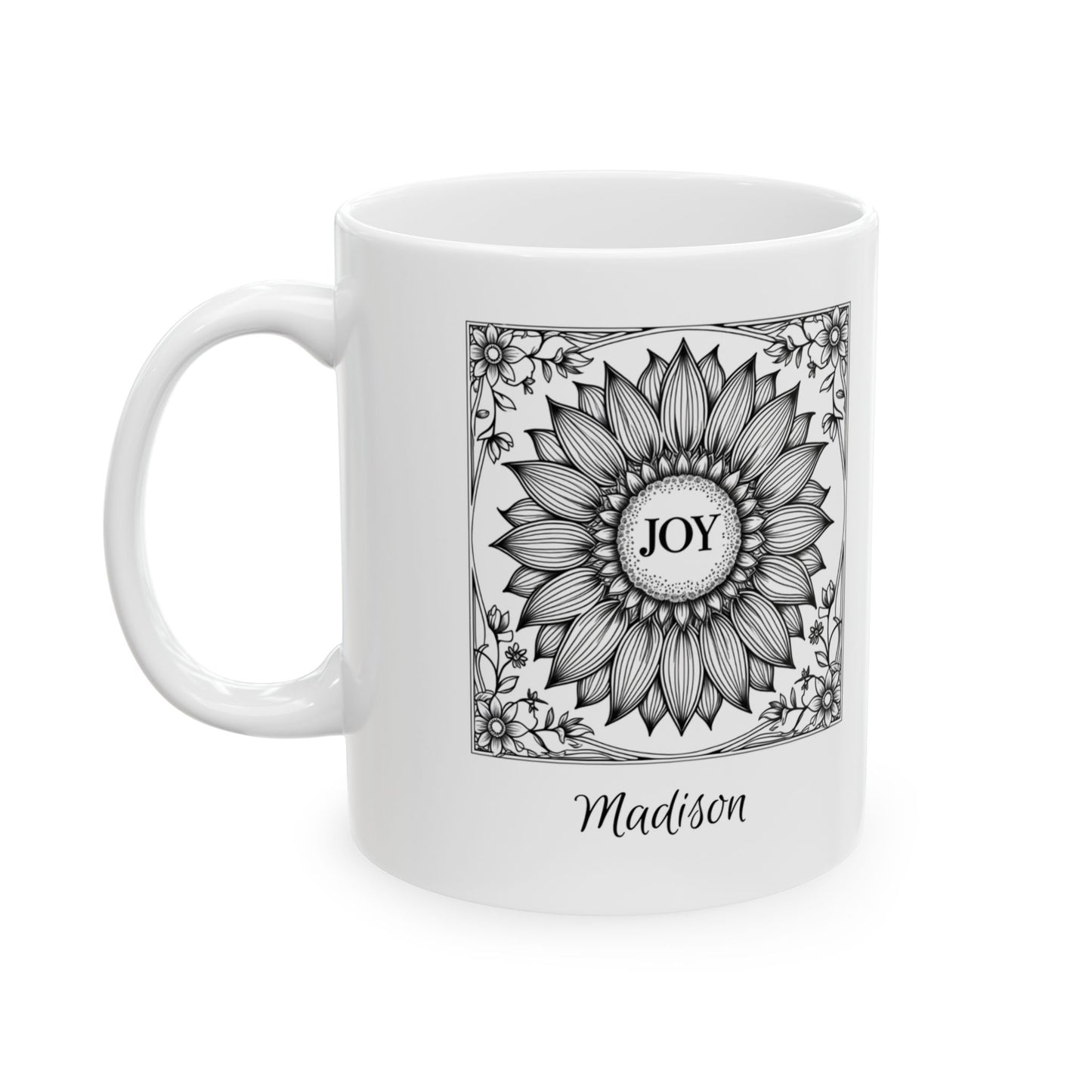 Personalized Joy Mug – Custom Name Floral Coffee Cup, Sunflower Line Art Ceramic Mug, 11oz&nbsp;