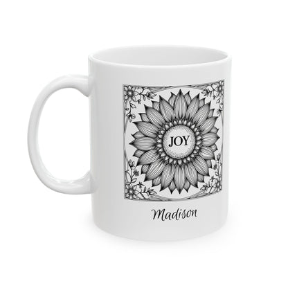 Personalized Joy Mug – Custom Name Floral Coffee Cup, Sunflower Line Art Ceramic Mug, 11oz&nbsp;