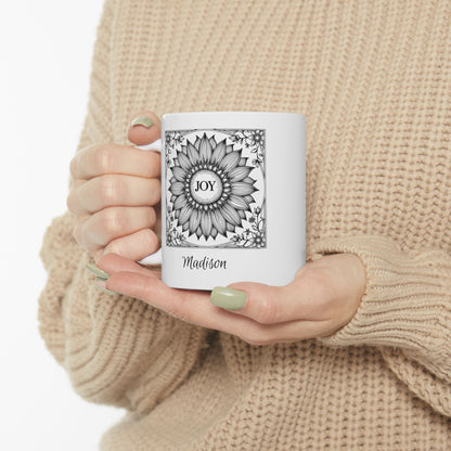 Personalized Joy Mug – Custom Name Floral Coffee Cup, Sunflower Line Art Ceramic Mug, 11oz&nbsp;