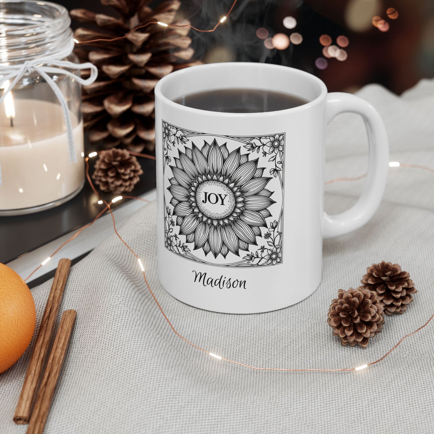 Personalized Joy Mug – Custom Name Floral Coffee Cup, Sunflower Line Art Ceramic Mug, 11oz&nbsp;