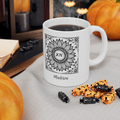 Personalized Joy Mug – Custom Name Floral Coffee Cup, Sunflower Line Art Ceramic Mug, 11oz&nbsp;