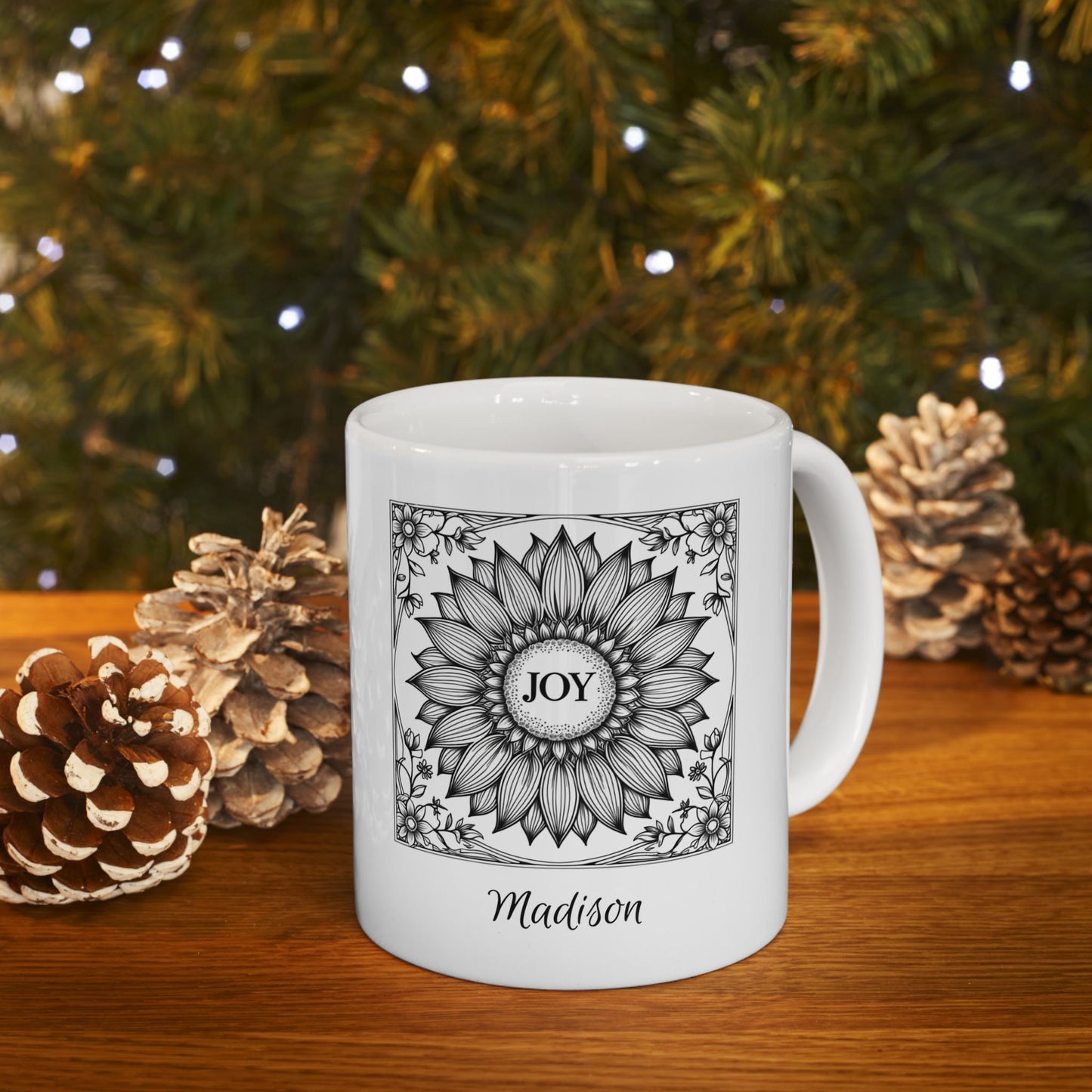 Personalized Joy Mug – Custom Name Floral Coffee Cup, Sunflower Line Art Ceramic Mug, 11oz&nbsp;