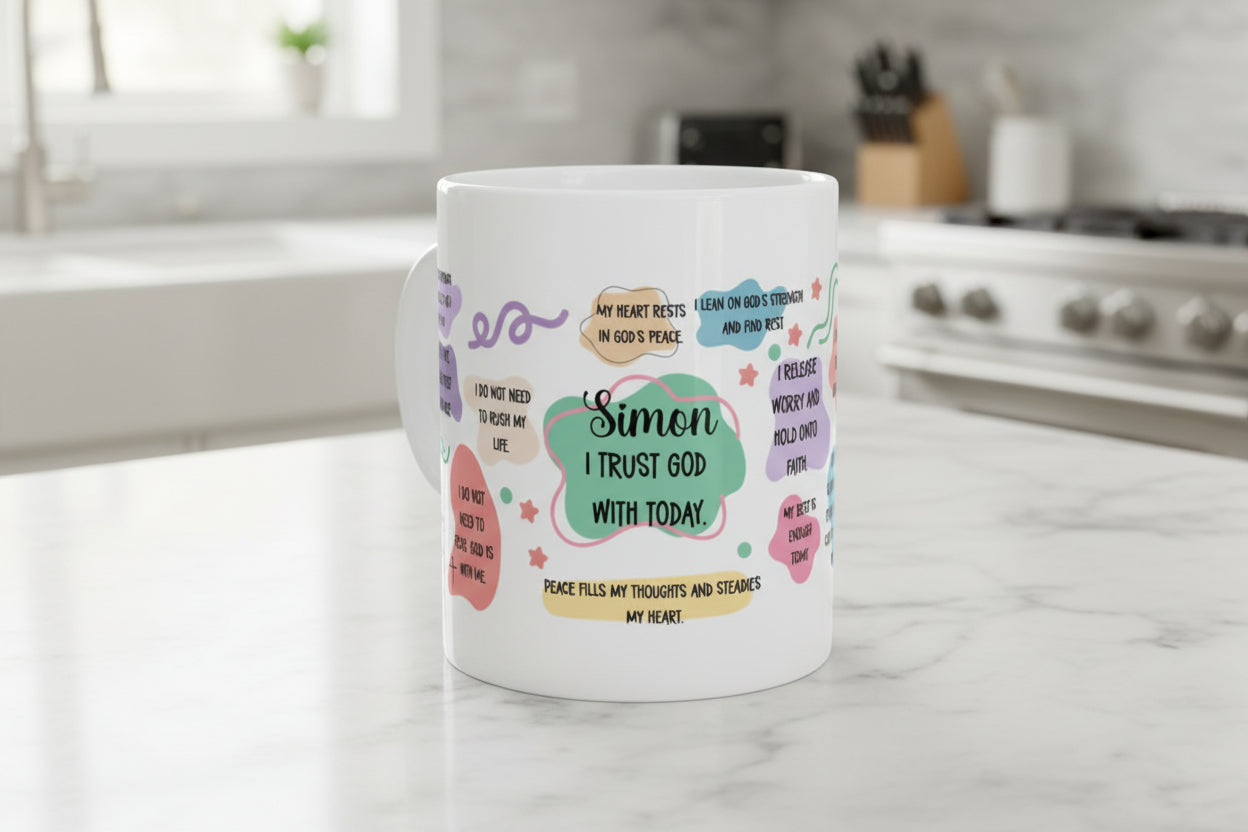 Christian peace and trust affirmation mug featuring scripture-inspired faith quotes about God’s peace, trust, and calm in soft pastel colors on a white ceramic coffee mug