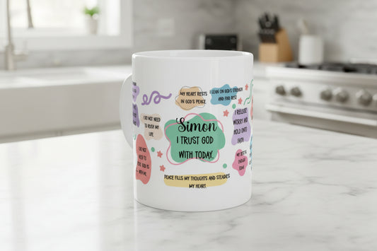 Christian peace and trust affirmation mug featuring scripture-inspired faith quotes about God’s peace, trust, and calm in soft pastel colors on a white ceramic coffee mug