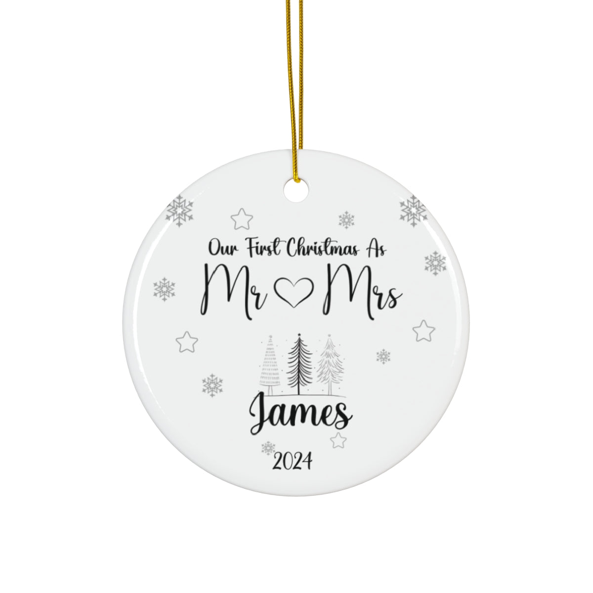 Personalized Circle or Heart Ornament-Featuring the heartfelt message "Our First Christmas as Mr. and Mrs."