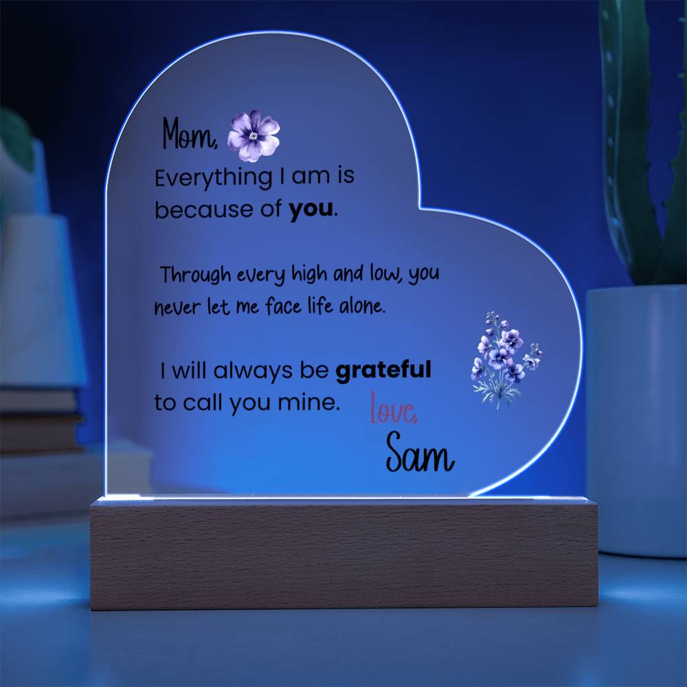 Personalized Mom Acrylic Heart Plaque with LED Light Base – Sentimental Mother Gift from Daughter or Son – Mother’s Day, Birthday, Keepsake Decor