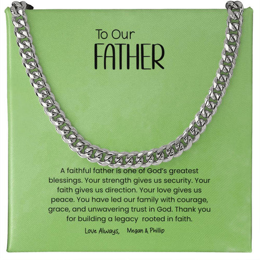 To Our Father Cuban Link Chain Necklace with Christian message card in luxury gift box, meaningful faith-based Father's Day gift for dad from family, available in stainless steel or 14K gold.