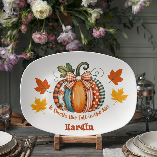 Personalized fall pumpkin platter with “It Smells Like Fall in the Air” design and custom family name Hardin – 10x14 oval serving dish