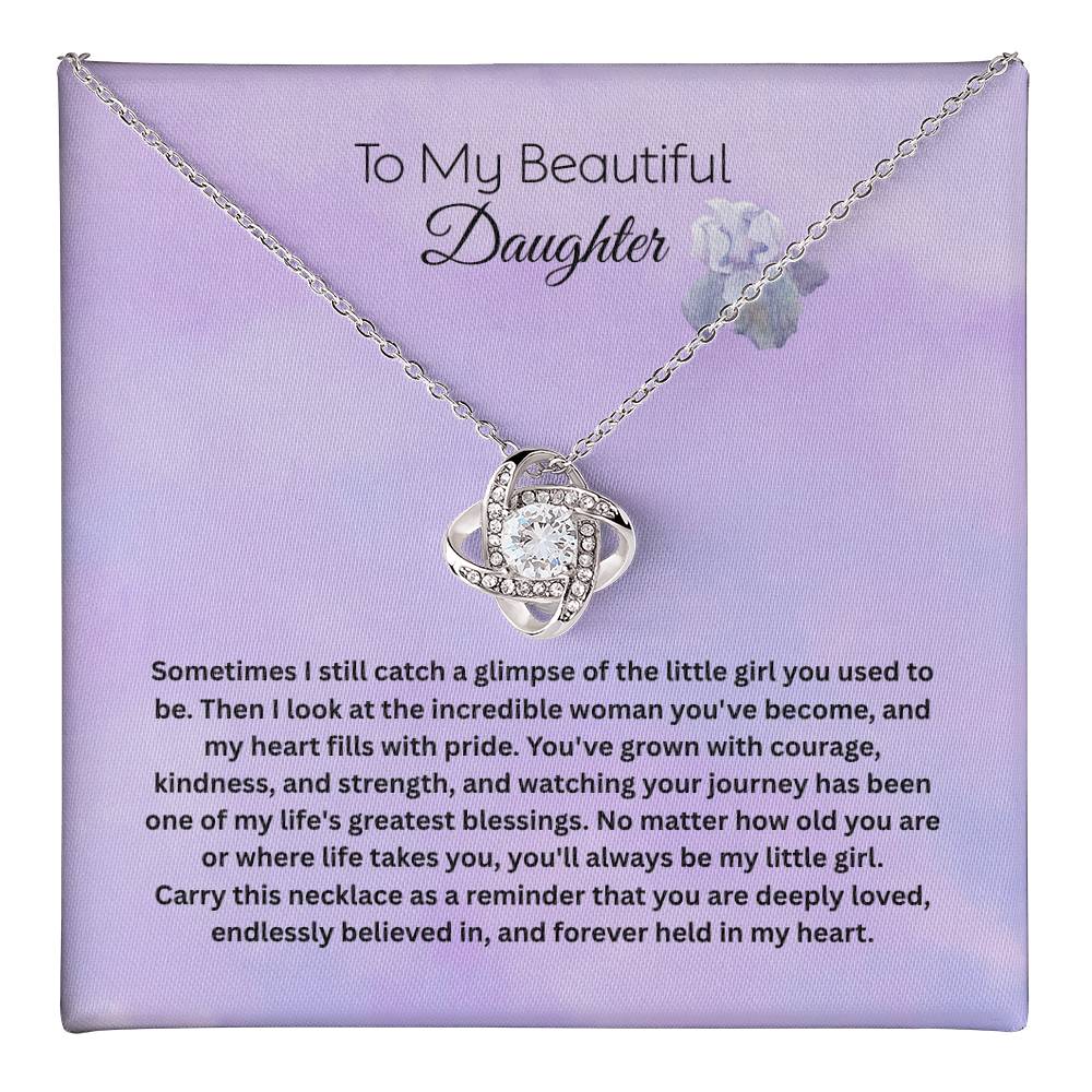 To My Beautiful Daughter Love Knot Necklace with heartfelt message card, meaningful gift from mom or dad featuring premium cubic zirconia pendant, perfect birthday, graduation, Christmas, and keepsake jewelry gift for daughter.