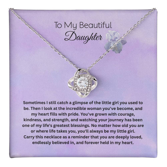 To My Beautiful Daughter Love Knot Necklace with heartfelt message card, meaningful gift from mom or dad featuring premium cubic zirconia pendant, perfect birthday, graduation, Christmas, and keepsake jewelry gift for daughter.
