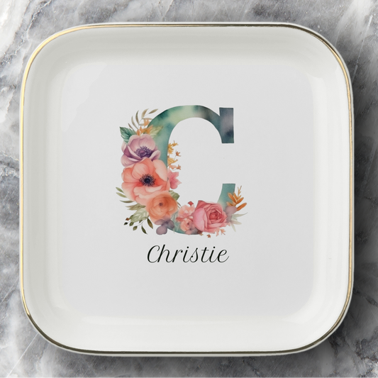 Personalized Floral Initial Jewelry Dish – Custom Ceramic Ring Holder