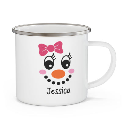 Personalized Enamel Camper Mug with Snowperson Design – Durable, Charming, and Perfect for Outdoor Adventures