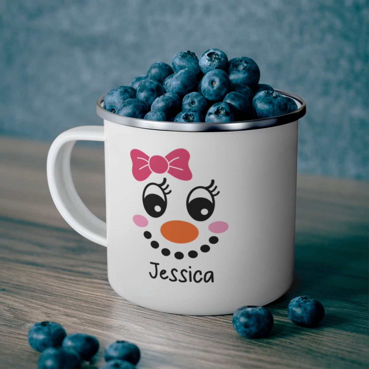 Personalized Enamel Camper Mug with Snowperson Design – Durable, Charming, and Perfect for Outdoor Adventures