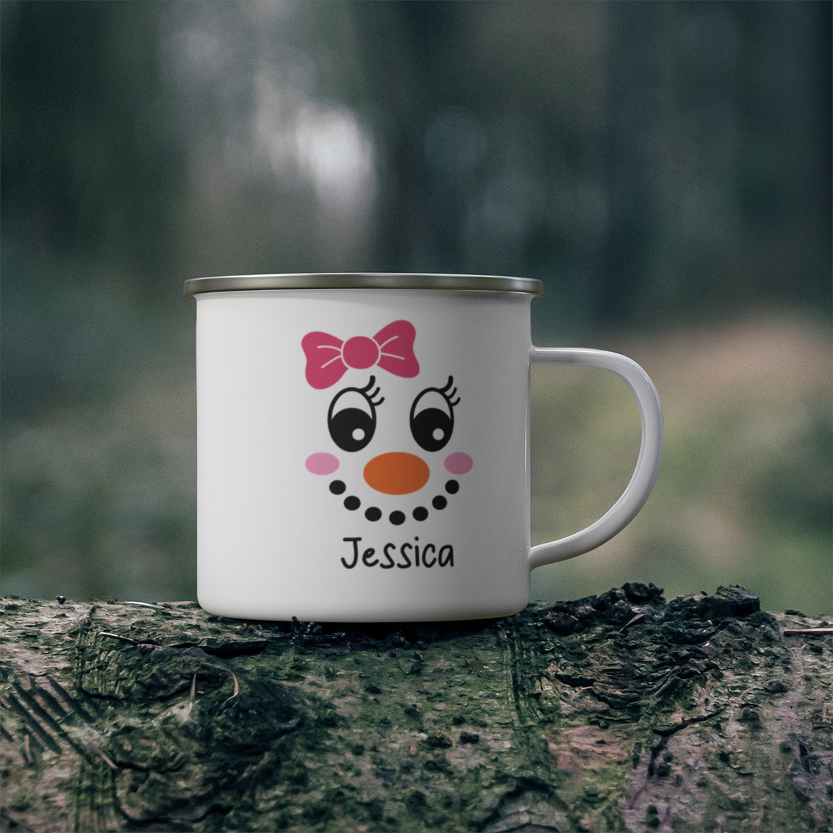 Personalized Enamel Camper Mug with Snowperson Design – Durable, Charming, and Perfect for Outdoor Adventures