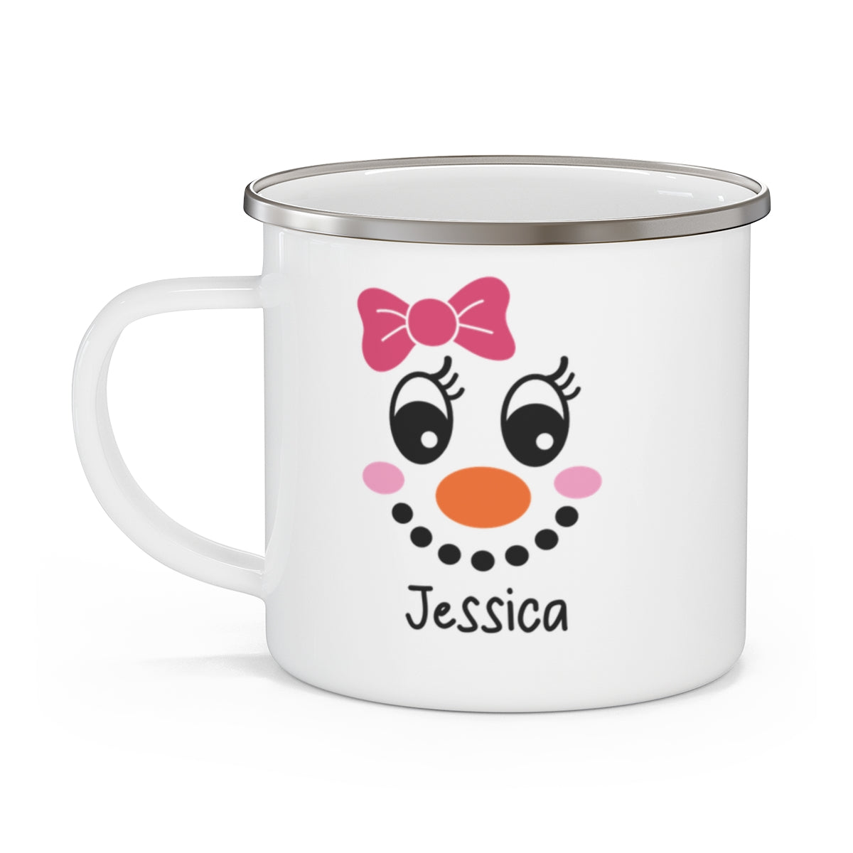 Personalized Enamel Camper Mug with Snowperson Design – Durable, Charming, and Perfect for Outdoor Adventures