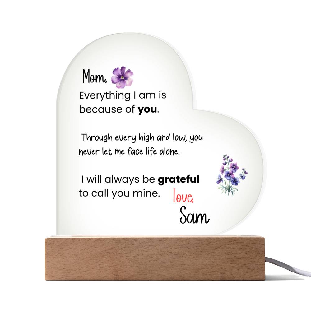 Personalized Mom Acrylic Heart Plaque with LED Light Base – Sentimental Mother Gift from Daughter or Son – Mother’s Day, Birthday, Keepsake Decor