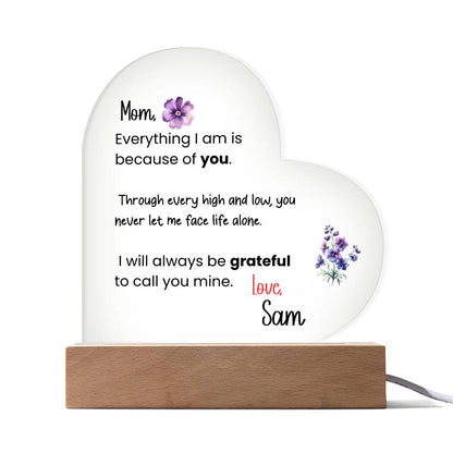 Personalized Mom Acrylic Heart Plaque with LED Light Base – Sentimental Mother Gift from Daughter or Son – Mother’s Day, Birthday, Keepsake Decor
