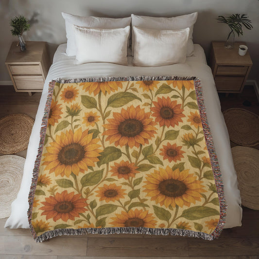 "Beautiful sunflower woven throw blanket with vibrant yellow and orange sunflowers on cream background, featuring decorative fringe border, displayed on white bedding in modern bedroom setting"