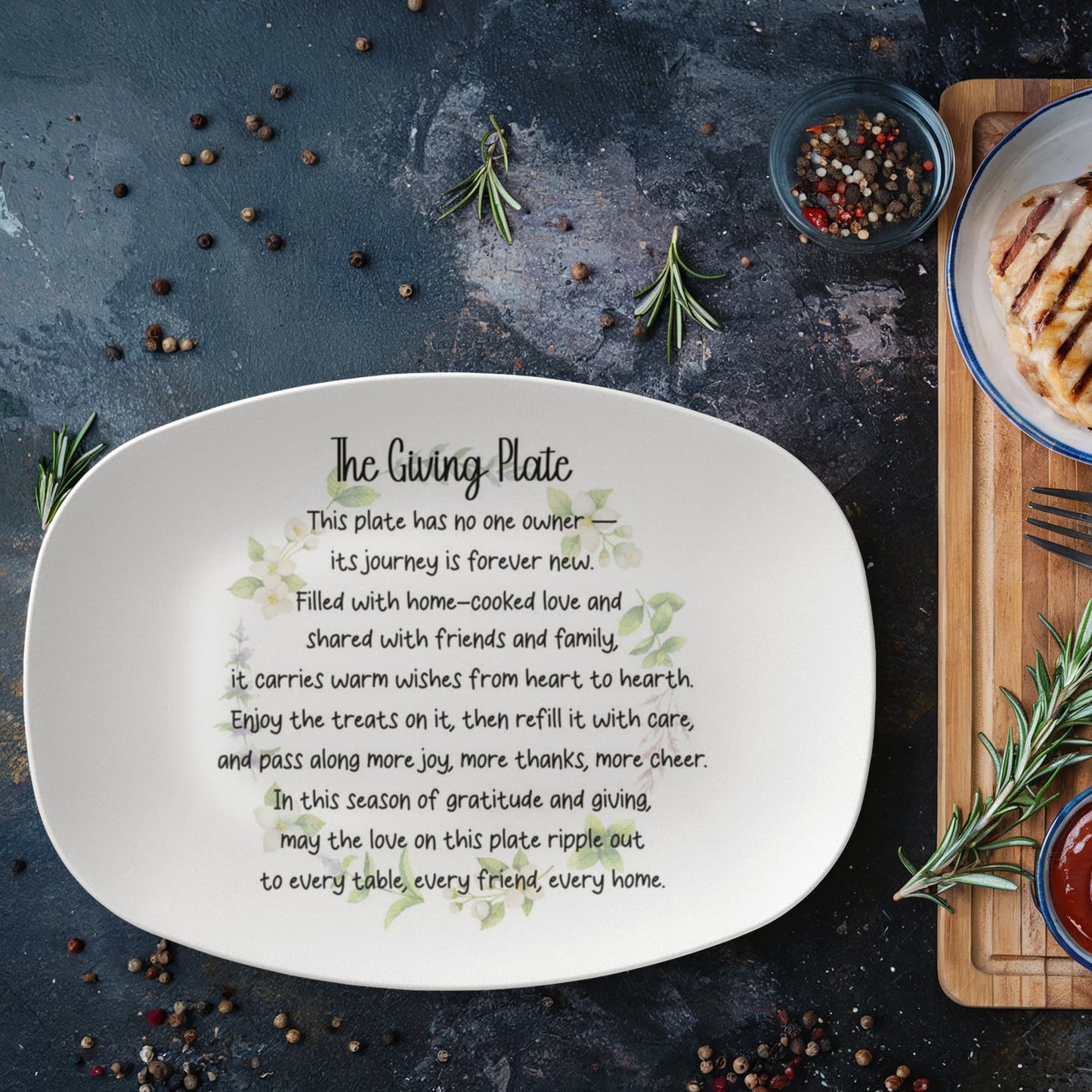 The Giving Plate personalized oval ceramic serving platter with gratitude message, 10x14 family sharing dish