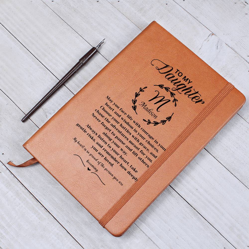 To My Daughter inspirational vegan leather journal with heartfelt message, elastic closure, ribbon bookmark, and gift-ready silver wrapping for college, graduation, or new career gift