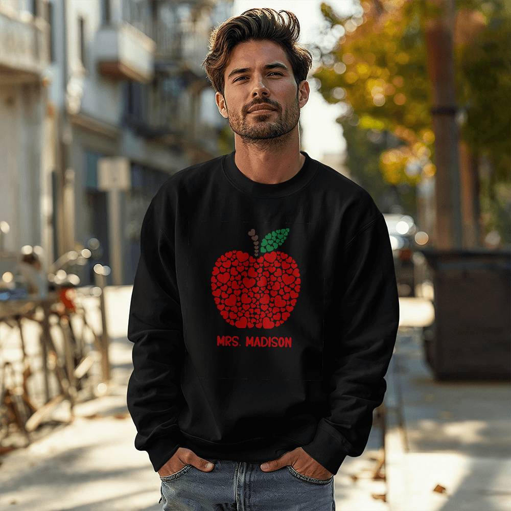 Personalized Teacher Apple Sweatshirt – Custom Name Crewneck | Cozy Gildan 18000